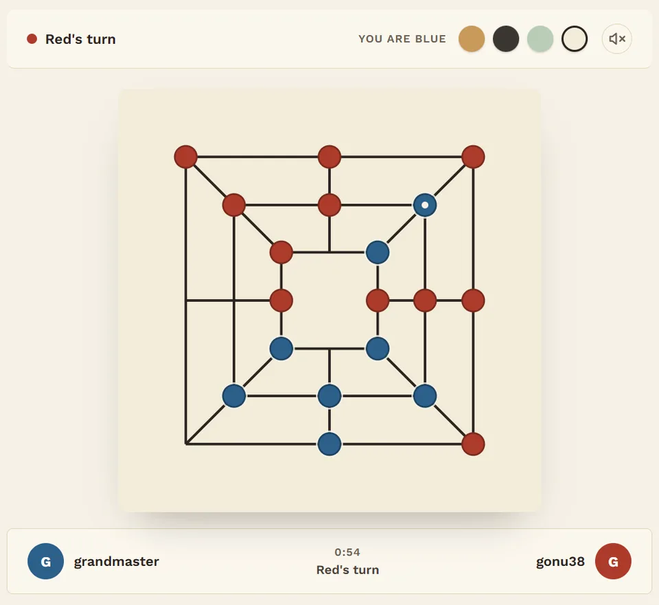 The board at the end of the placing half, Red with 11 pieces and Blue with 8.