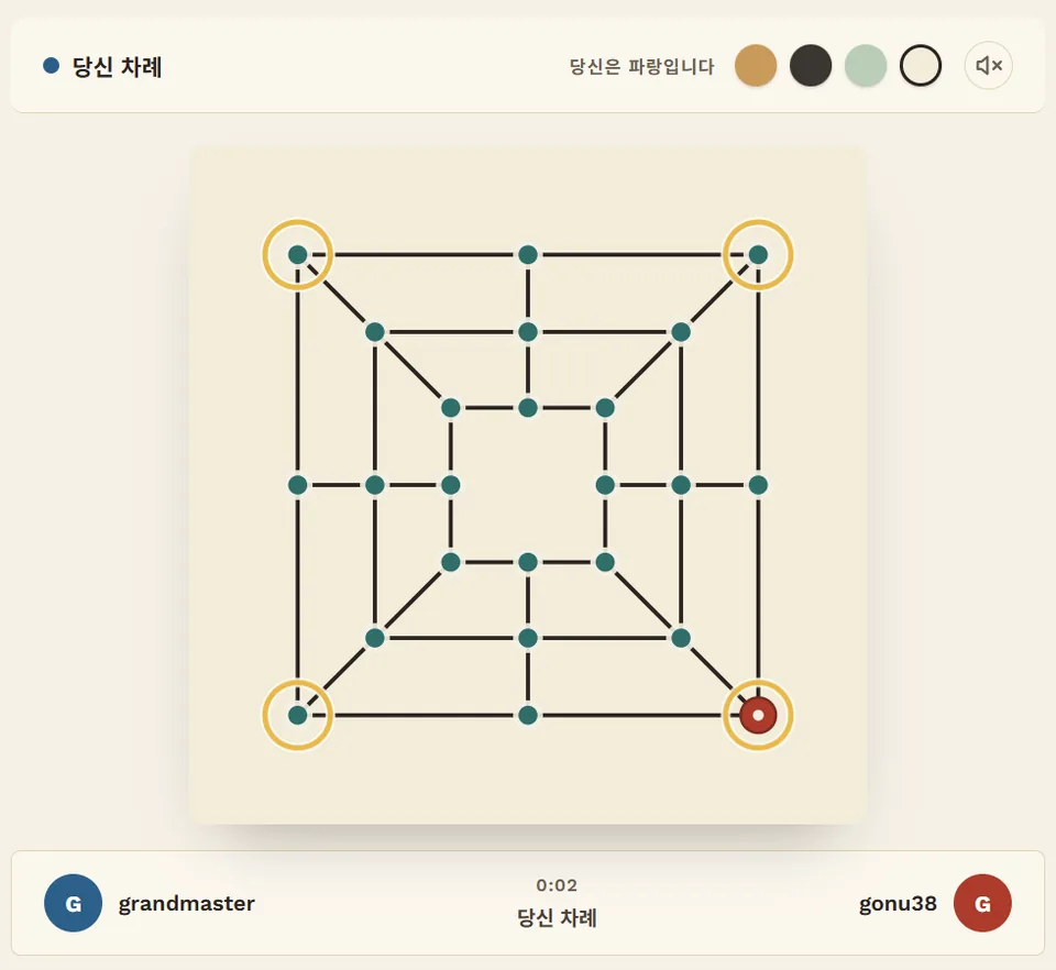 첫 수: 빨강이 오른쪽 아래 바깥 모서리에 놓고, 바깥 모서리 네 곳에 동그라미가 쳐져 있다.