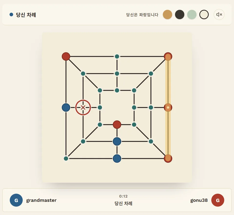 오른쪽 변의 빨강 세 개가 꼰으로 빛나고, 왼쪽의 잡힌 자리에 동그라미가 쳐져 있다.